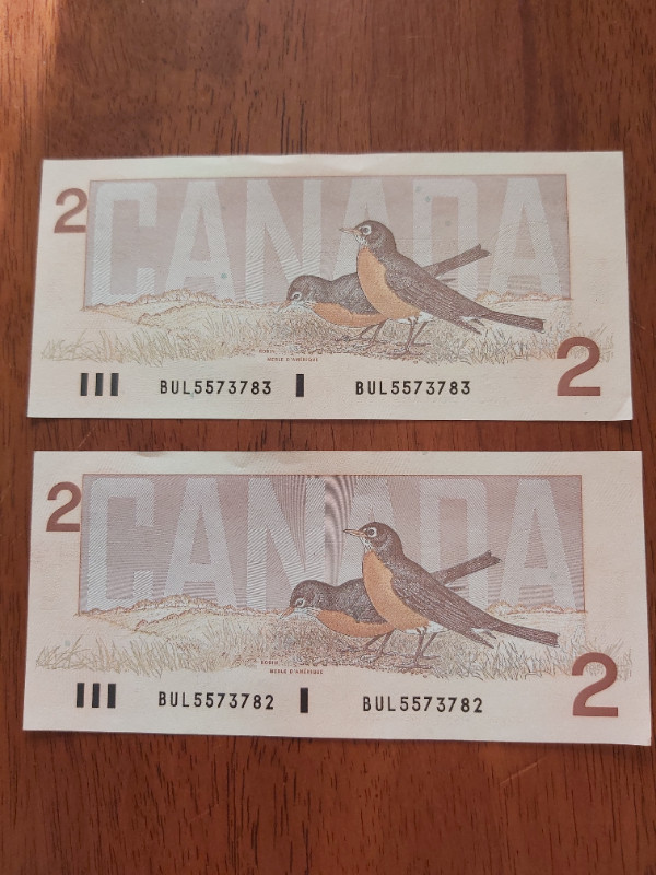 2 B of C 1986 $2 Bills Thiessen Crow BUL 5573782   & 83 (In Seq) in Arts & Collectibles in Saint John