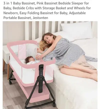 3 in 1 Baby Bassinet, Pink Bassinet Bedside Sleeper for Baby, Bedside Cribs with Storage Basket and...
