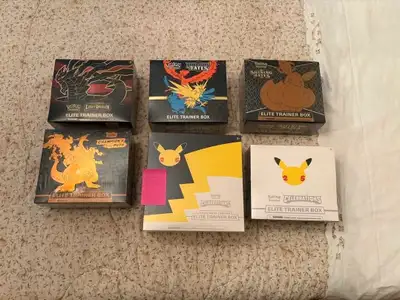Pokemon Elite trainer boxes Hidden fates etb 400$ Celebrations PC etb 286$ Celebrations etb 200$ Los...