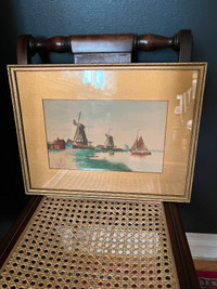 Vintage Watercolour Painting f. Dutch Windmills