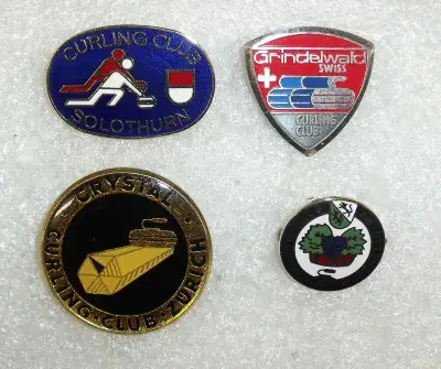 4 Older curling pins from Switzerland Curling clubs. 1. Solothurn Curling club. 2. Crystal Curling c...