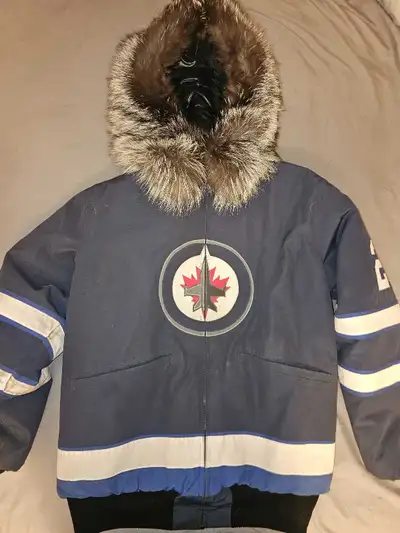 Warm and heavy Jets-style winter parka. #26 Blake Wheeler, large faux fur hood, perfect for Winnipeg...