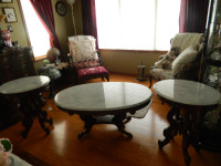 MARBLE AND MAHOGANY COFFEE AND 2 END TABLES/KIMBALL FURNITURE