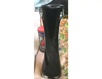 HEAVY BLACK GLASS VASE 11 3/4" TALL, View more
