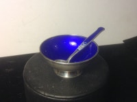 MEKA DENMARK STERLING SILVER BLUE ENAMEL SALT CELLAR AND SPOON