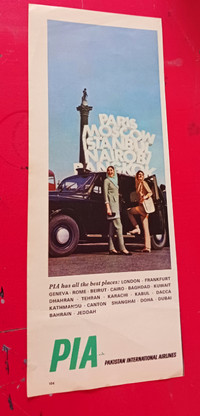 1965 PIA AIRLINES VINTAGE AD WITH LONDON TAXI CAB - RETRO 60S