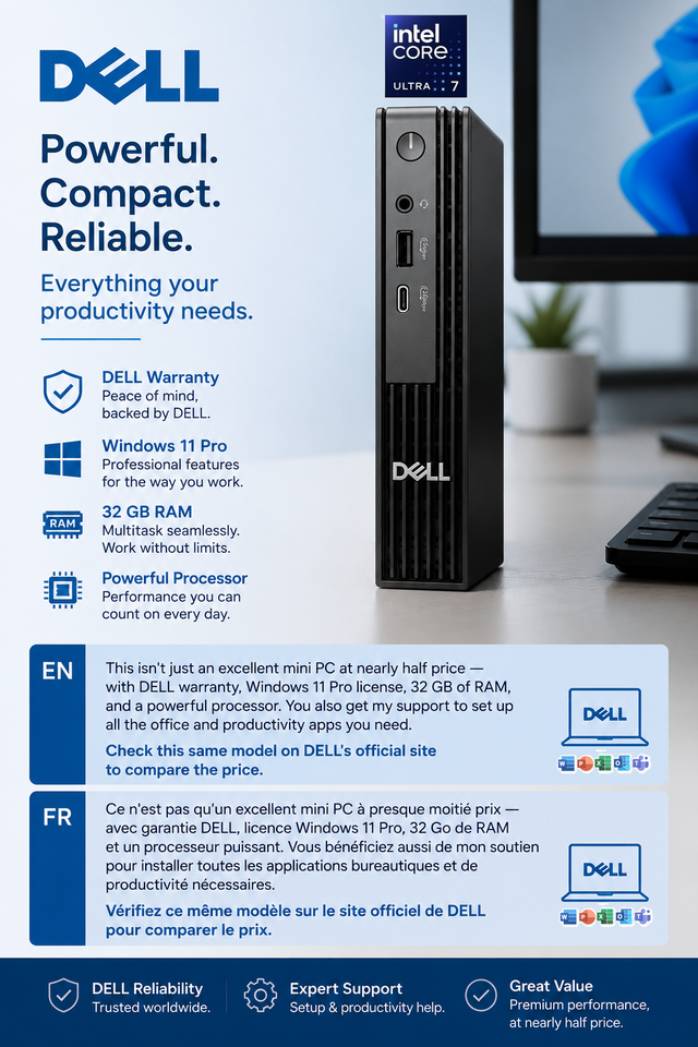Dell Pro Micro Desktop Intel Core Ultra 7 265T 20 cores568798575508203527