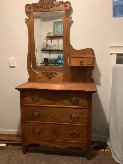 Unique lovely oak antique dresser with mirror., View more