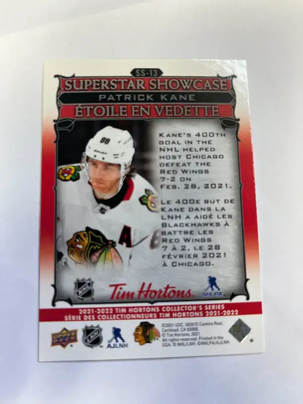 Patrick Kane 2021-22 Upper Deck Tim Hortons Showcase #SS-13 in Arts & Collectibles in Oakville / Halton Region - Image 3