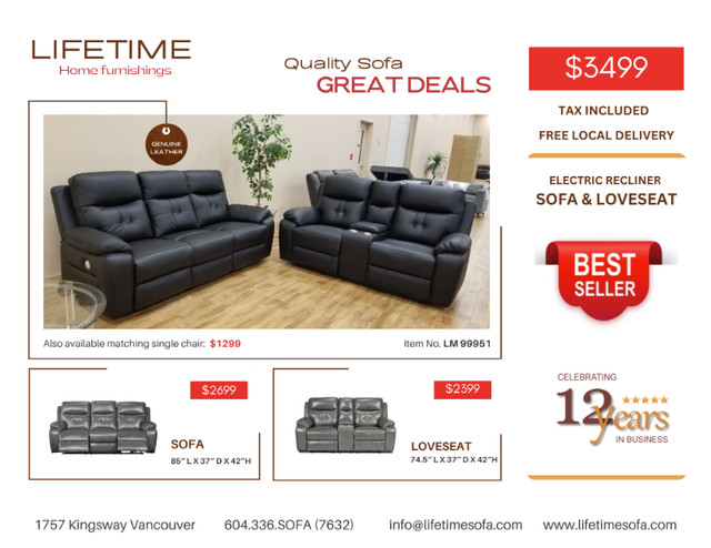 Genuine Top Grain leather reclining sofa set Electric Recliner in Couches & Futons in Vancouver - Image 2