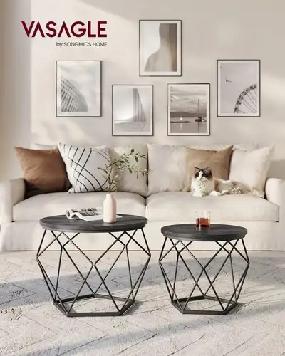Set of 2 small round tables with steel frame, extra table for li, View more