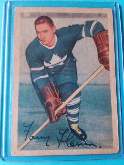 Ungraded 1953-54 parkhurst hockey card # 14 Fern Flaman. He was born in Dysart , Sask. He played def...