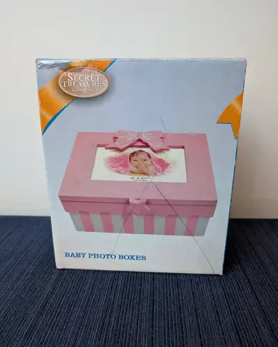 Baby photo pink wood memento box, top holds a photo, View more