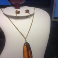 Genuine Raw Baltic Cognac Amber Stone Pendant  and Earrings