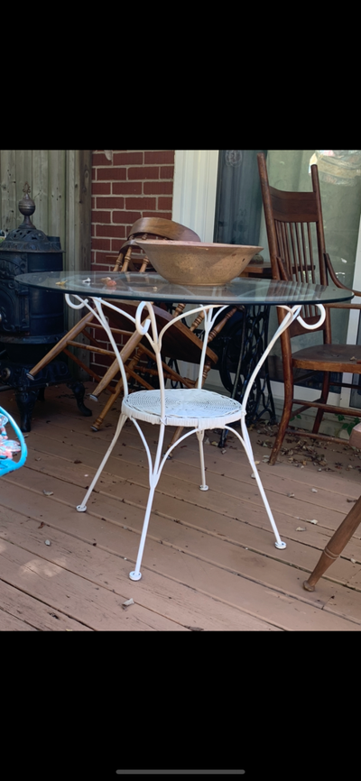 Vintage Hauser iron table with wicker shelf, View more