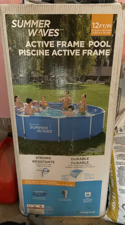 Box never opened for this 12 Ft round pool. Comes with Filter Pump and a Filter Cartridge. Easy Set...