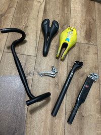 Bike parts - handle bar, saddle, derailleur  seat post