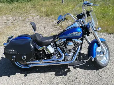 One owner immaculately cared for highway ridden Flame Blue Pearl Fatboy. Comes with Thunder Max auto...