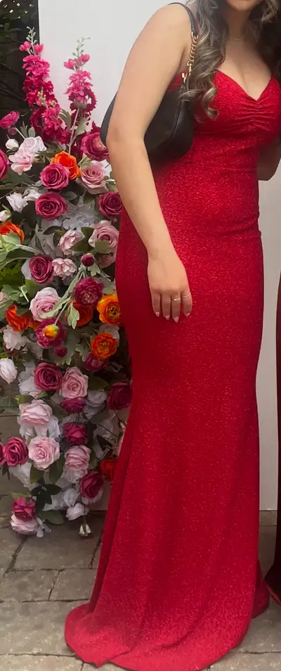 Red sparkly long gown, mermaid style, spaghetti straps