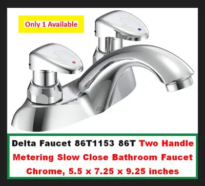 (NEW) Delta 2 Handle Metering Slow-Close Bathroom Faucet Chrome, View more