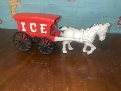 Vintage cast iron toy Horse and Ice wagon. , View more