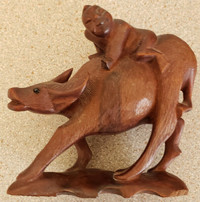 VINTAGE CHINESE CARVED WATER BUFFALO WITH BOY FIGURINE - WOOD