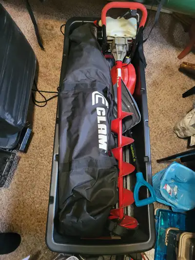 Ice fishing tent and accessories., View more