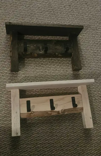 wooden shelf with hooks, View more