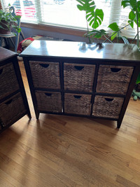 Set of 3 wicker and wood cabinets