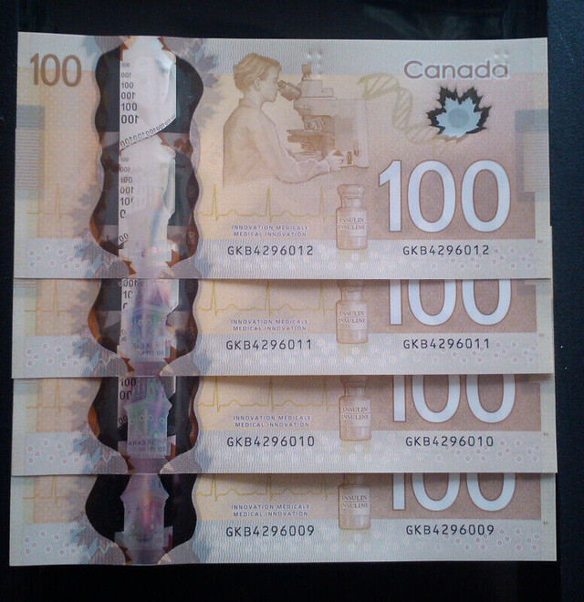 4 UNCIRCULATED SEQUENTIAL 2011 CANADIAN $100 DOLLAR BANKNOTES in Arts & Collectibles in City of Toronto - Image 3