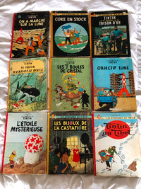 9 albums BD vintage (dos toilé) de Tintin, en lot ou à l'unité