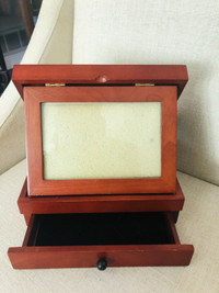 Rosewood flip top jewelry box and photo stand
