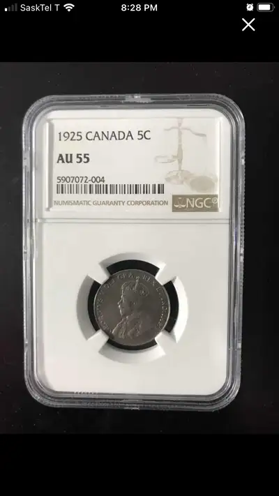 Canada 1925 AU-55 NGC 5 Cent Coin, View more