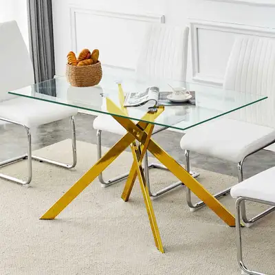 Modern Dining Table (Tempered Glass, Gold Metal) - Ne, View more
