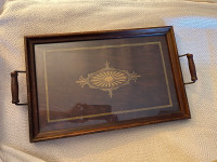 Antique vintage hand made wooden and glass serving tray circa 19