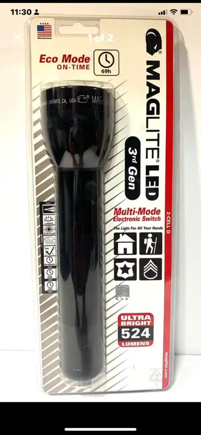 MagLite 2-D cell 3rd Generation LED 524 Lumens high power 148 Lumens medium power 58 Lumens eco powe...