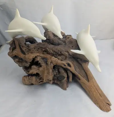 John Perry Large Three Dolphin Sculpture Hand Carved Driftwood B, View more