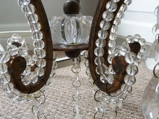 CHANDELIER antique GLASS BEADED CAGE with CRYSTAL LUSTERS PRISMS in Indoor Lighting & Fans in Hamilton - Image 7