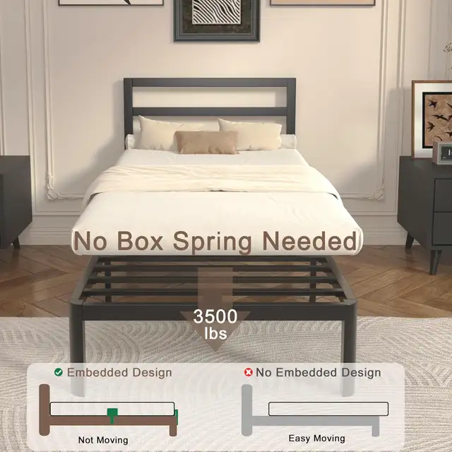 14 Inch Twin Bed Frame with Headboard, Black Metal Twin Size Bed in Beds & Mattresses in Longueuil / South Shore - Image 5