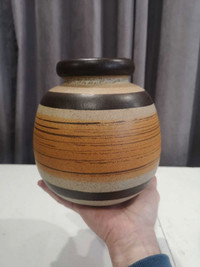 West Germany Round Vase Art Pottery Orange Brown Mid Century Mod