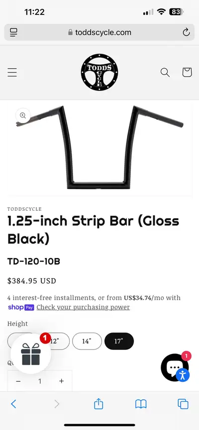 17” Strip Bar 1.25" (Gloss Black) 1" - 1,25” Clamping area Construction 9 / 10 (no scratches or dama...