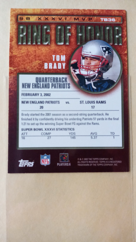 2002 Topps Tom Brady Ring of Honor Insert #TB36 Patriots Mint in Arts & Collectibles in St. Catharines - Image 3