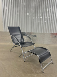 Black Leather Chrome Lounge Chair w/ Footstool
