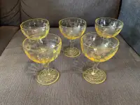 Vintage Etched Crystal Yellow Champagne/Sherbert Glasses (5) 