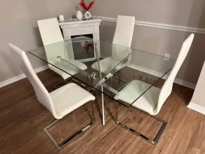 Modern Glass Dining Table Set with 4 White Chairs, View more