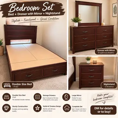  Bedroom Set  Double Bed, Dresser and Nightstand , View more