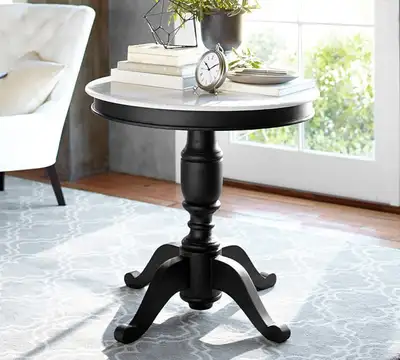 Pottery Barn Black wood & marble top 31" round table, like new, View more