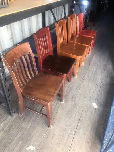 5 available - $30 per chair slightly different styles and stains but all are solid wood … look at la...