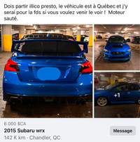 Subaru WRX 2015, moteur sauté.  Localisé à Québec, vente rapide!