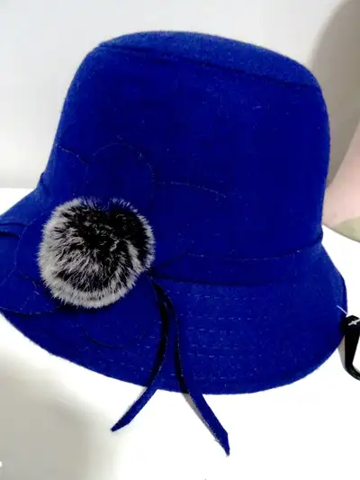 COBALT BLUE cloche hat FUR POM POM made in Turkey NW Tags WOOL, View more